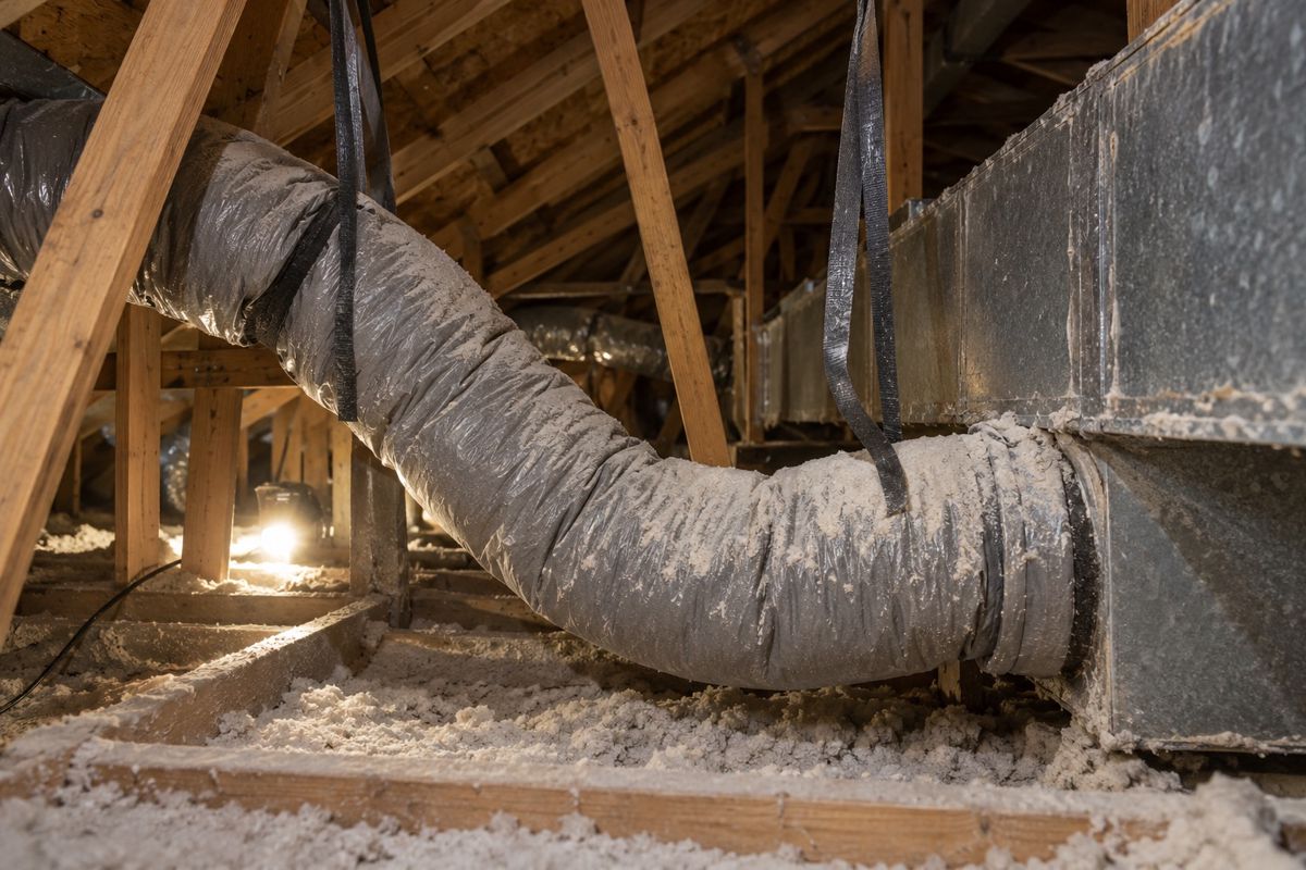 Sagging flex duct run in a dusty Austin attic