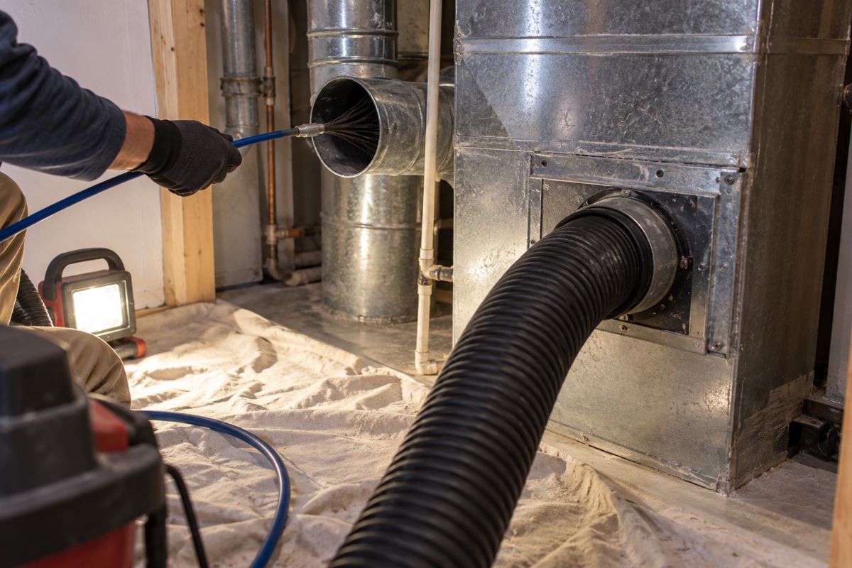 Vacuum hose attached to a trunk line during duct cleaning