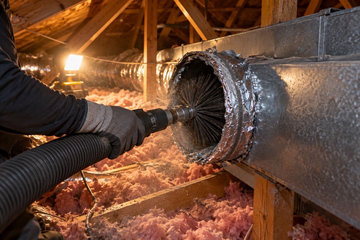Gloved hand cleaning a flex duct with a brush in an attic