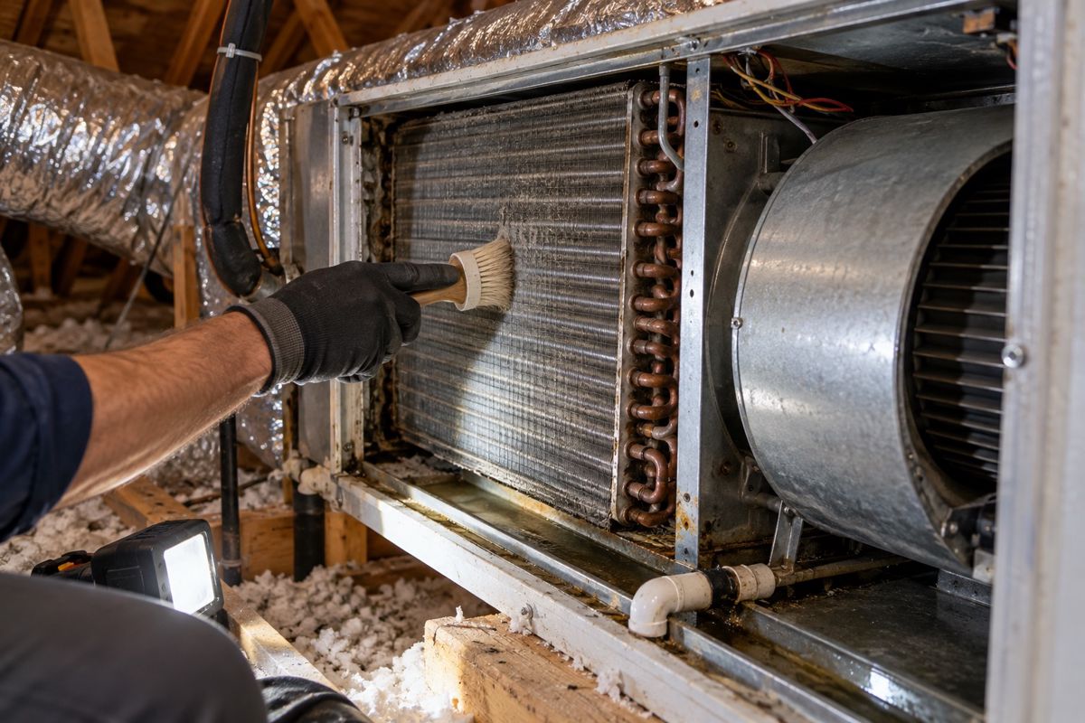 Technician hand brushing an evaporator coil inside an air handler