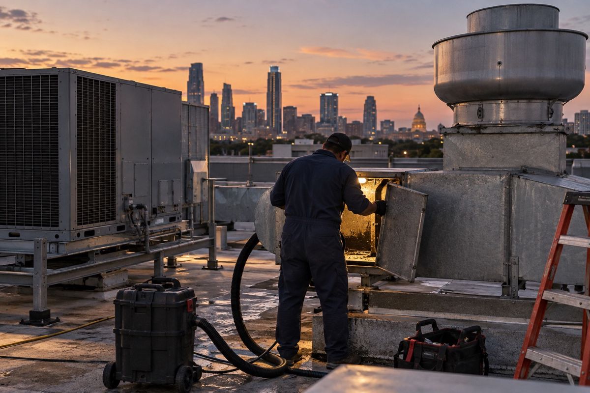 Worker opening a rooftop duct access panel beside a kitchen exhaust fan