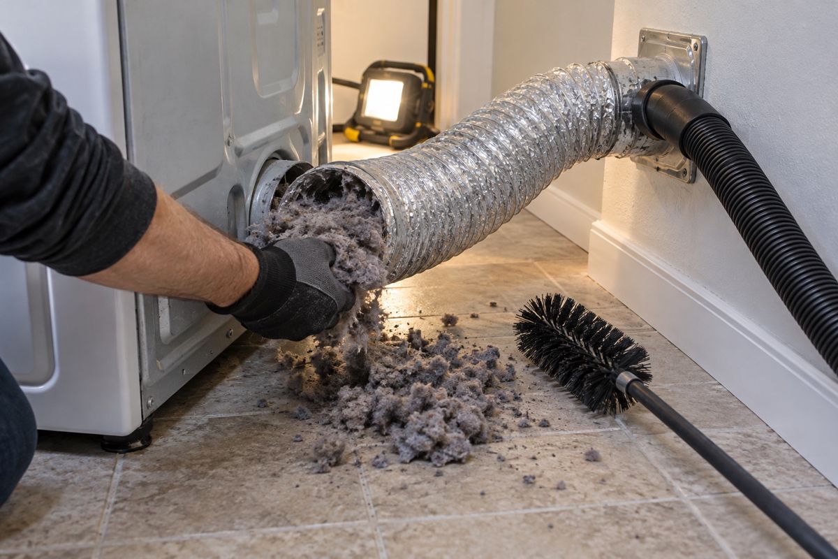 Gloved hand pulling lint from a dryer vent pipe behind a dryer